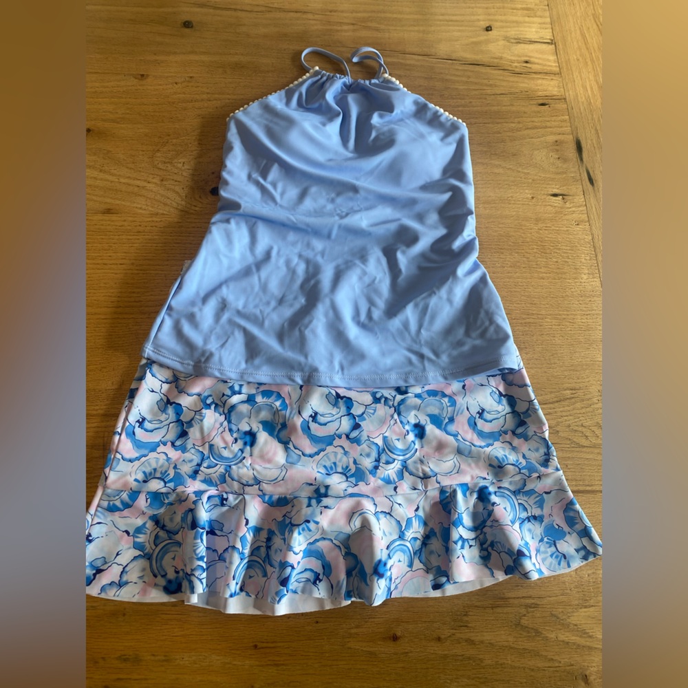 Two Piece Floral Halter Swimsuit Set‎ Blue Skirt Women’s Medium Preloved